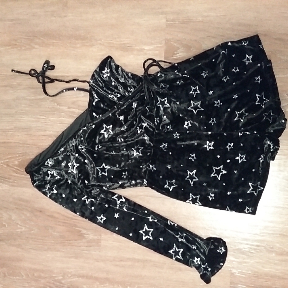 (8) Topshop Velvet Glittery Star Print One Shoulder Romper Night Out Classy Y2K